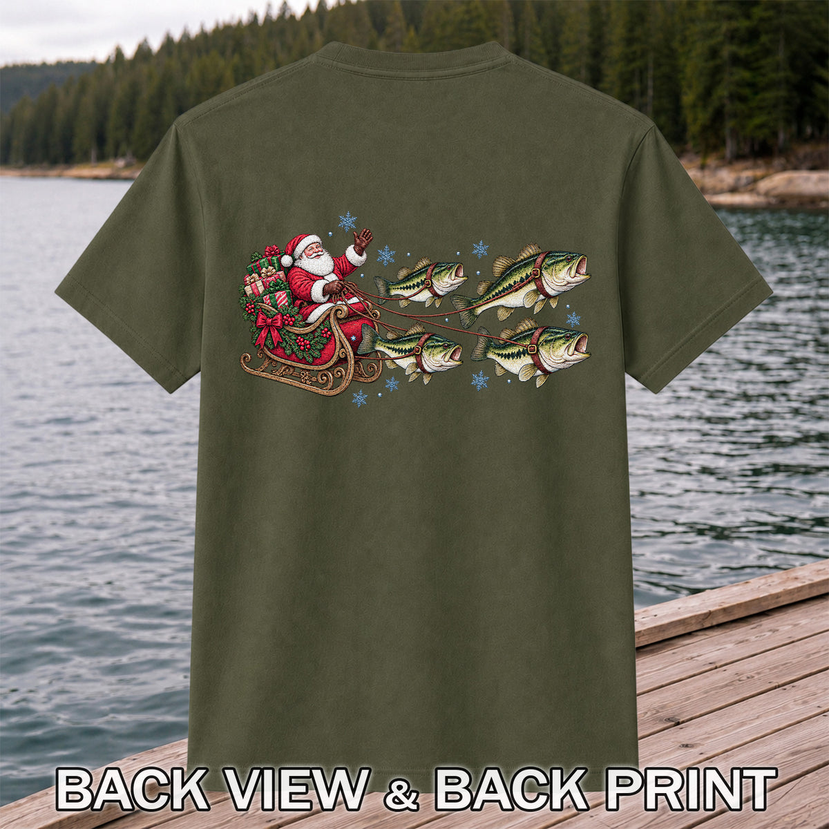 Santa in a Sleigh Pulled by Bass Christmas Fishing Graphic T-Shirt | Back Print