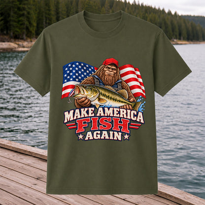 Make America Fish Again Bigfoot Bass Fishing T-Shirt