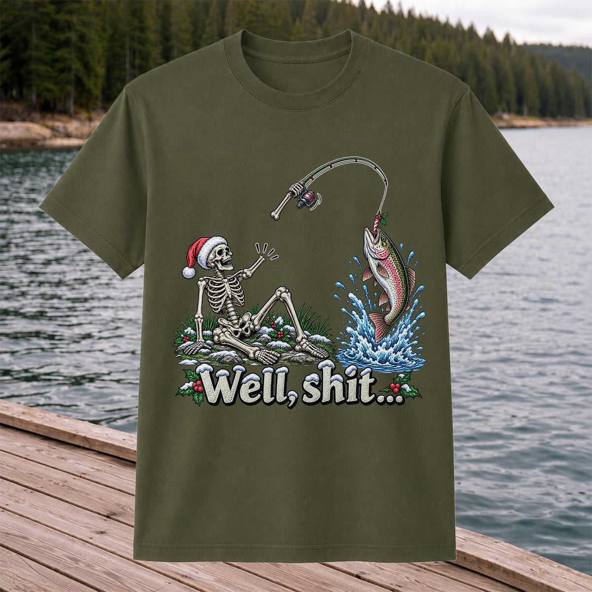 Well, Shit... Skeleton and Leaping Rainbow Trout Christmas Fishing T-Shirt