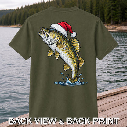 Santa Hat Walleye Christmas Fishing Graphic T-Shirt | Back Print