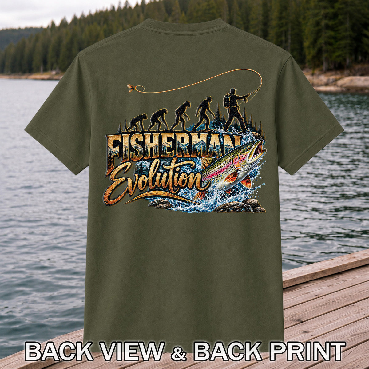 Fisherman Evolution Rainbow Trout Fly Fishing Graphic T-Shirt | Back Print
