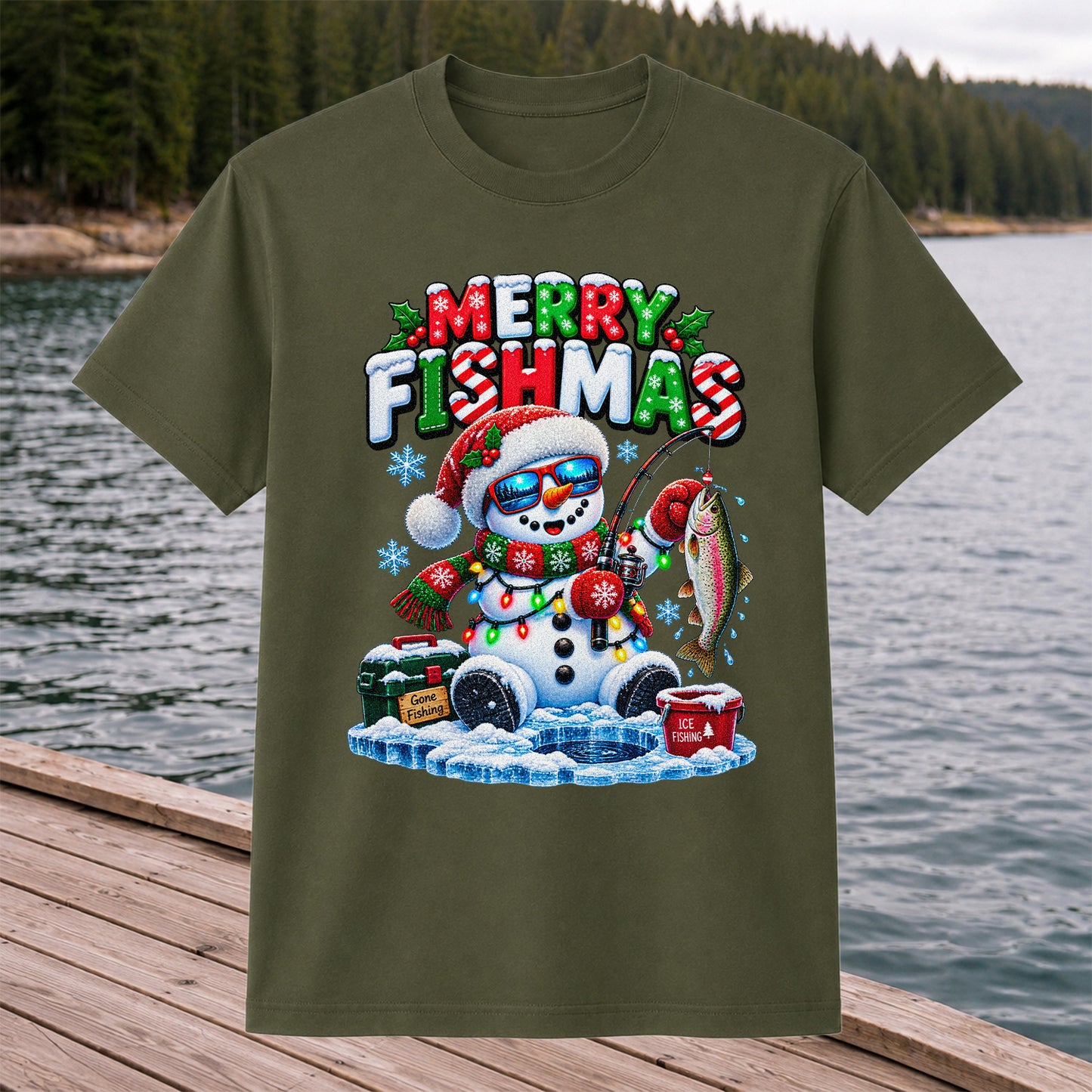 Merry Fishmas Gone Fishing Snowman and Rainbow Trout Ice Fishing Christmas T-Shirt