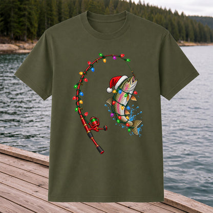 Christmas Rainbow Trout with Santa Hat and Lights Fishing T-Shirt