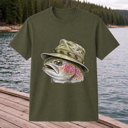 Rainbow Trout Wearing Fishing Hat Graphic T-Shirt