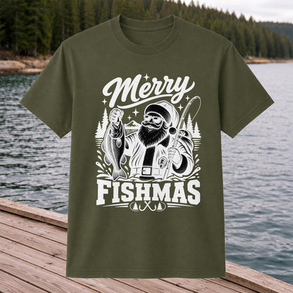 Merry Fishmas Santa Fishing Christmas Graphic T-Shirt