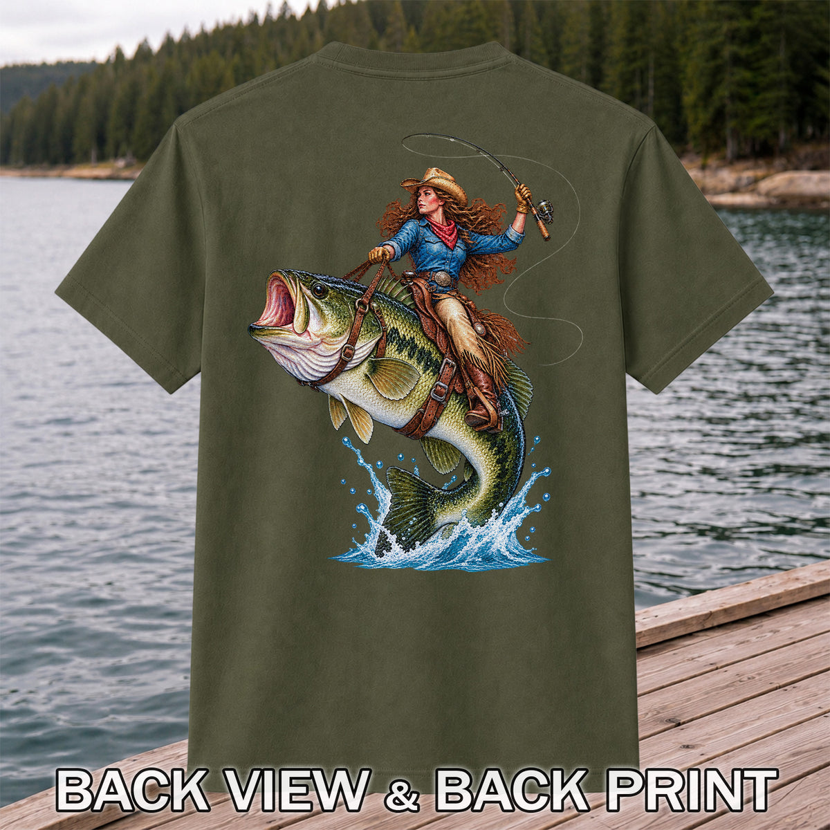 Cowgirl Riding a Largemouth Bass Fishing Graphic T-Shirt | Back Print
