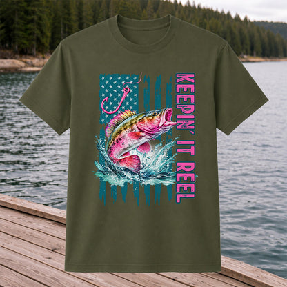 Keepin' It Reel Bass Fishing American Flag Graphic T-Shirt
