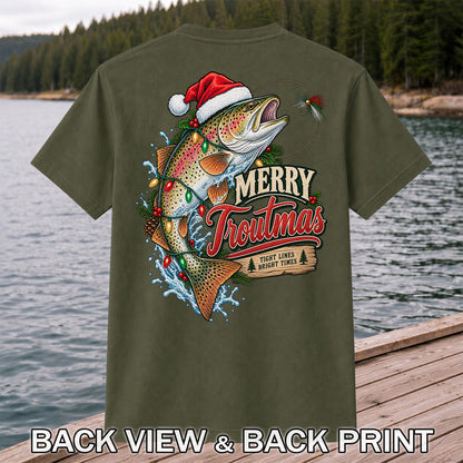 Merry Troutmas Tight Lines Bright Times Santa Hat Rainbow Trout Fishing T-Shirt | Back Print