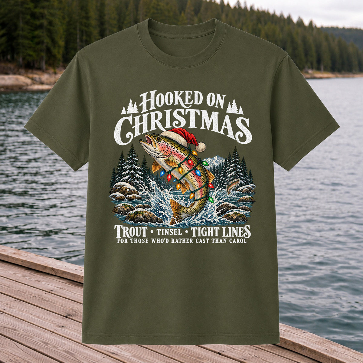 Hooked on Christmas Rainbow Trout Fishing Graphic T-Shirt