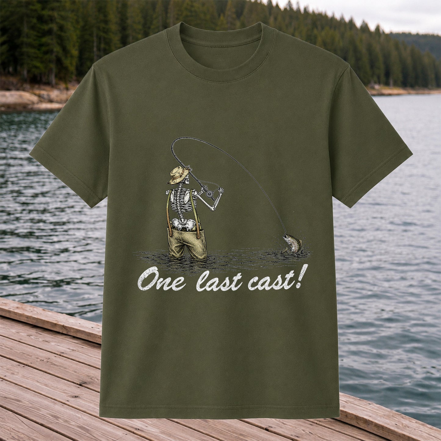 One Last Cast Skeleton Angler Fishing Graphic T-Shirt