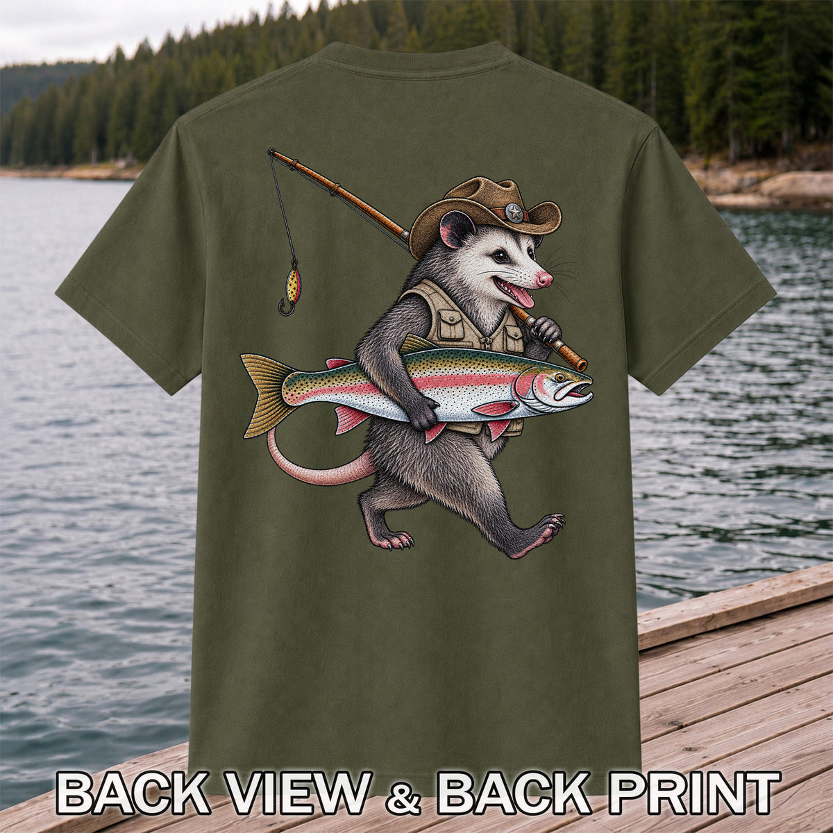 Cowboy Opossum Holding Rainbow Trout Fishing Graphic T-Shirt | Back Print