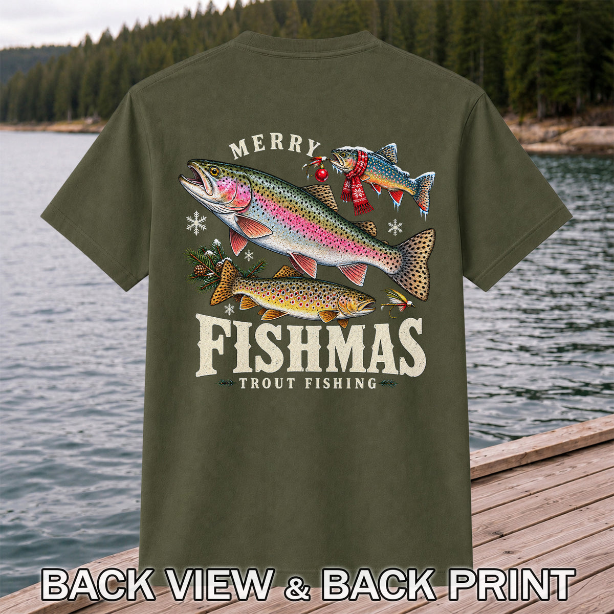 Merry Fishmas Trout Fishing Christmas Graphic T-Shirt | Back Print