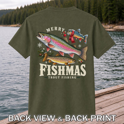 Merry Fishmas Trout Fishing Christmas Graphic T-Shirt | Back Print