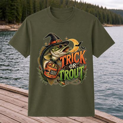Trick or Trout Bass in Witch Hat with Tackle Treats Halloween Fishing T-Shirt
