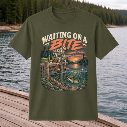 Waiting on a Bite Skeleton Bass Fishing Graphic T-Shirt