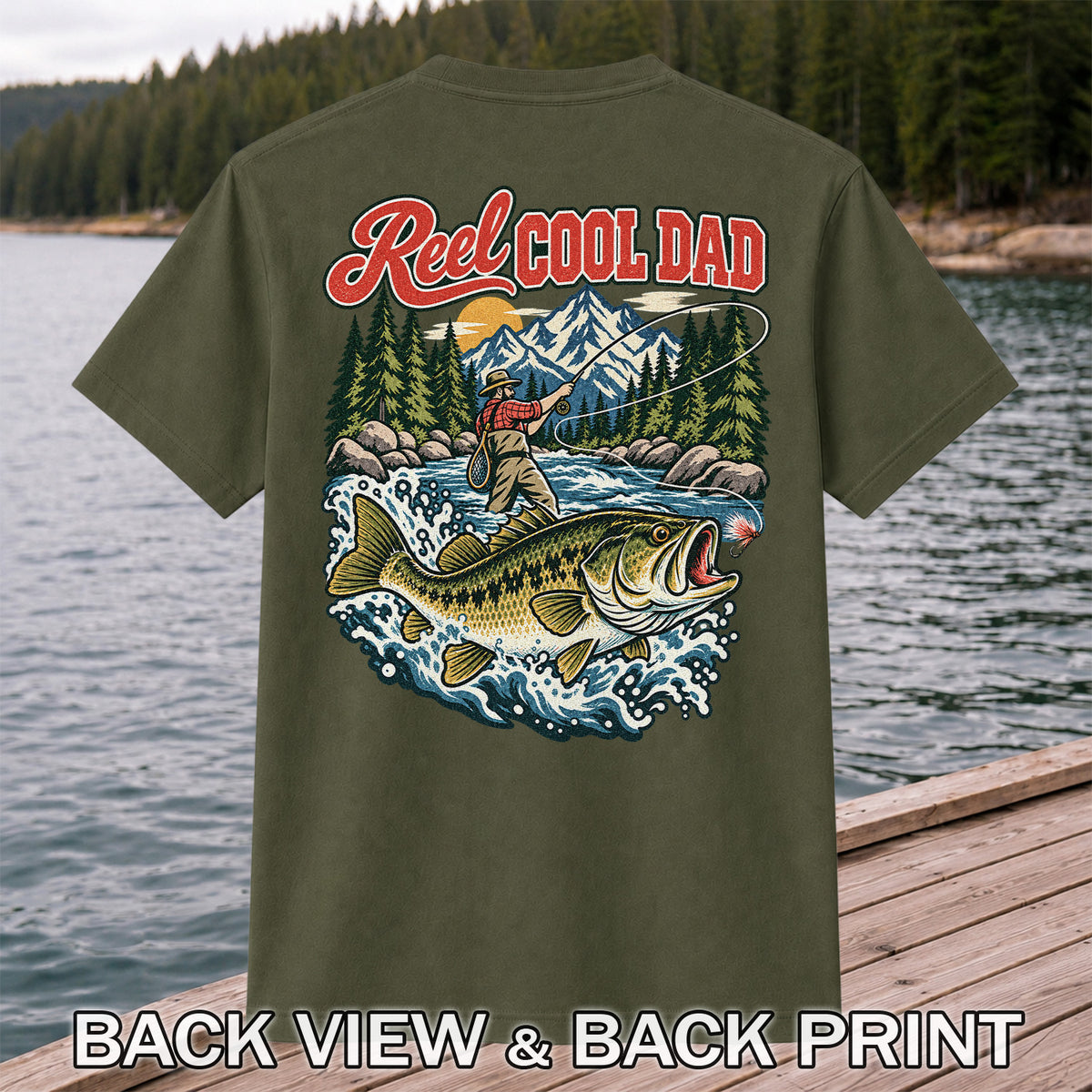 Reel Cool Dad Largemouth Bass Fishing Graphic T-Shirt | Back Print