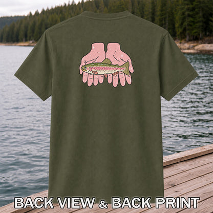 Rainbow Trout Held in Pink Hands Fishing Graphic T-Shirt | Back Print