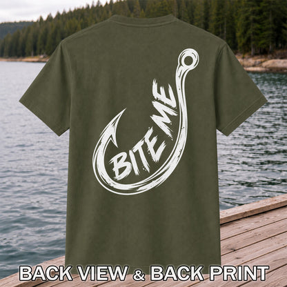 Bite Me Fishing Hook Funny Angler Graphic T-Shirt | Back Print