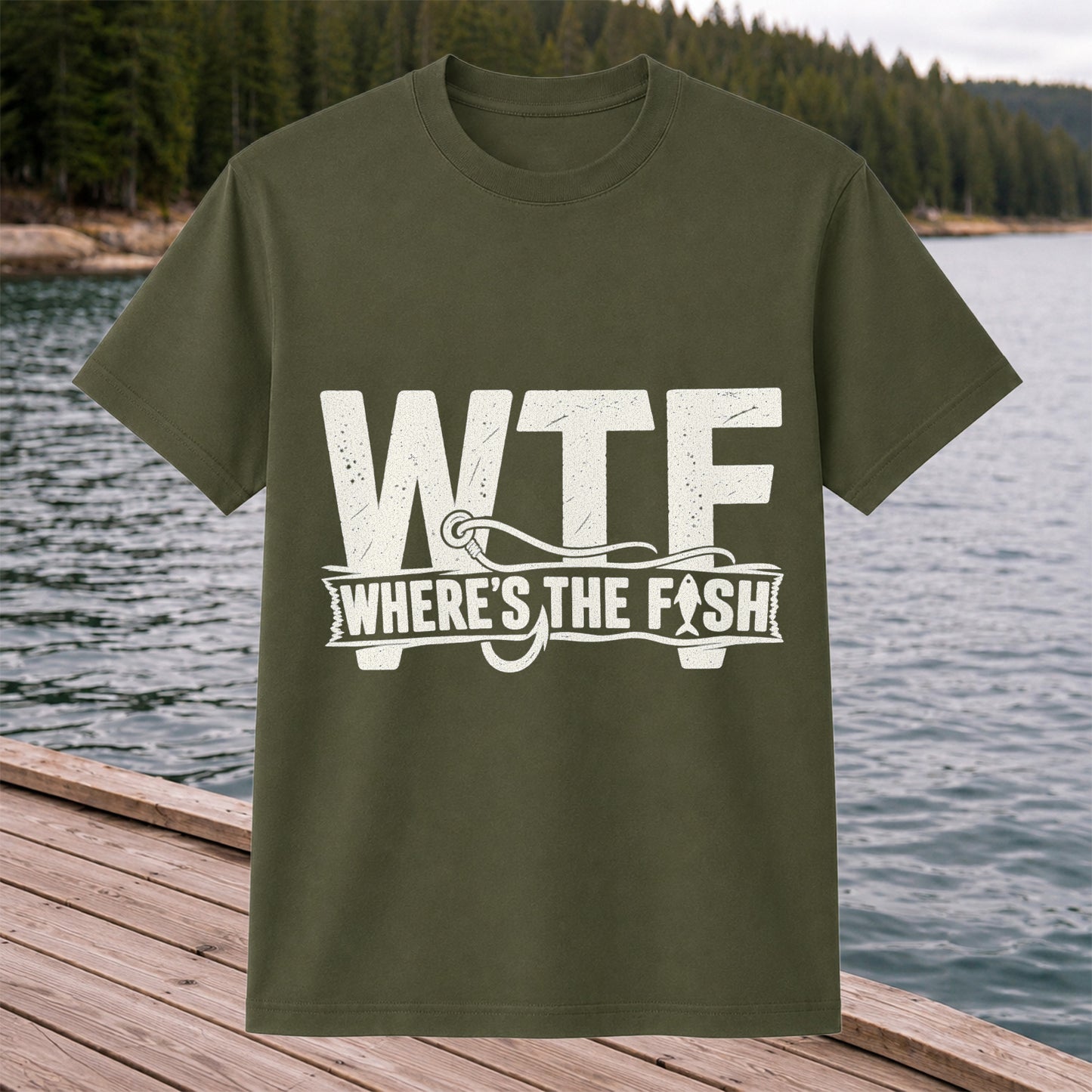 WTF Where's the Fish Funny Fishing Hook T-Shirt