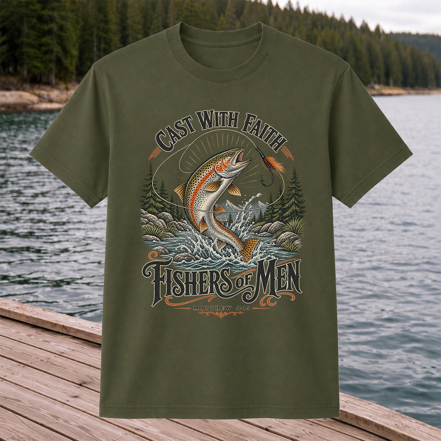 Cast with Faith Fishers of Men Matthew 4:19 Trout Fishing T-Shirt