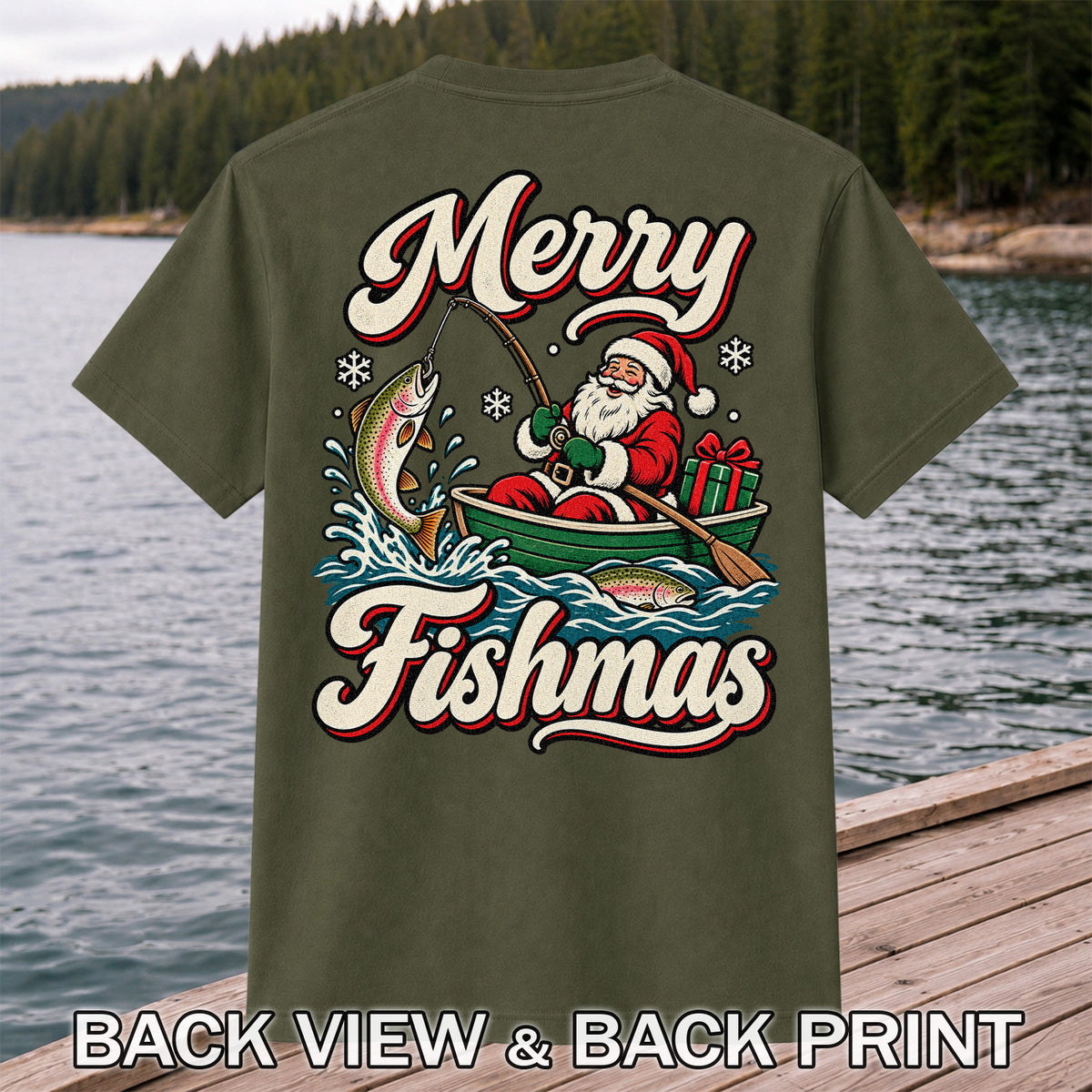 Merry Fishmas Santa Catching Rainbow Trout in a Boat Fishing T-Shirt | Back Print