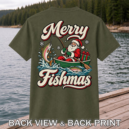 Merry Fishmas Santa Catching Rainbow Trout in a Boat Fishing T-Shirt | Back Print