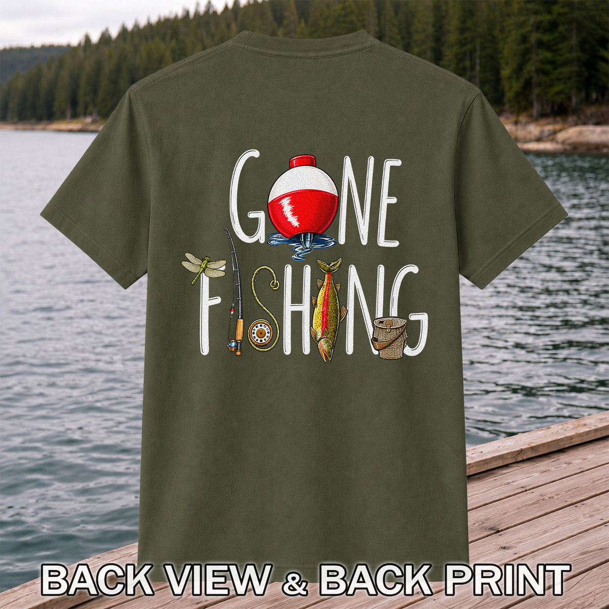 Gone Fishing Trout, Bobber and Fly Rod Graphic T-Shirt | Back Print