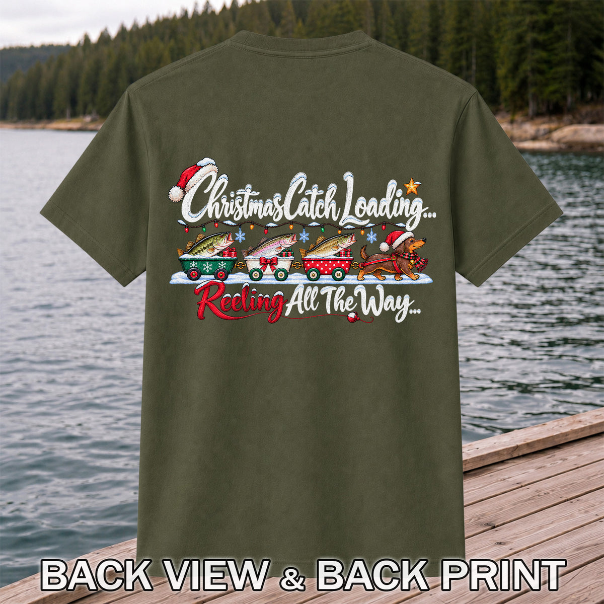 Christmas Fishing Train with Trout and Dog Graphic T-Shirt | Back Print