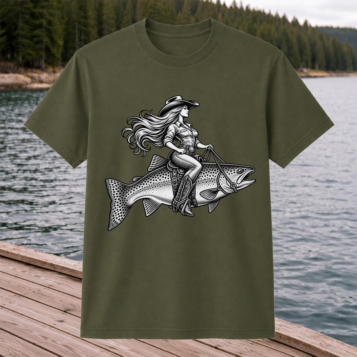 Cowgirl Riding a Trout Western Fishing Graphic T-Shirt