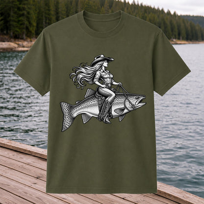 Cowgirl Riding a Trout Western Fishing Graphic T-Shirt