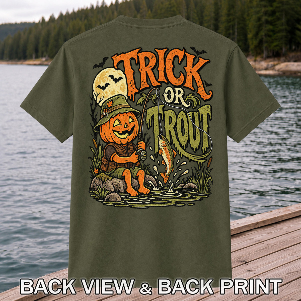 Trick or Trout Pumpkin Angler Halloween Fishing T-Shirt | Back Print