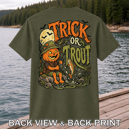Trick or Trout Pumpkin Angler Halloween Fishing T-Shirt | Back Print