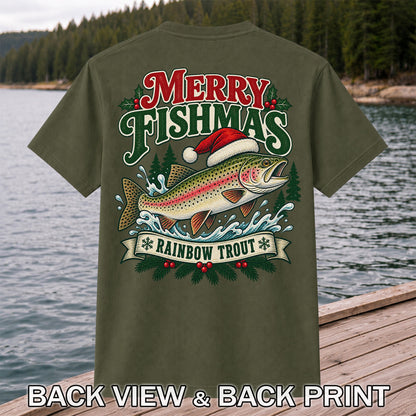 Merry Fishmas Rainbow Trout in Santa Hat Christmas Fishing T-Shirt | Back Print