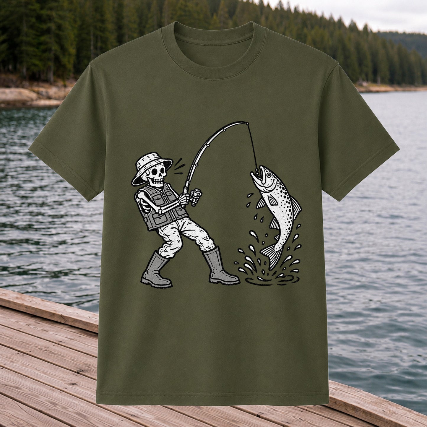 Skeleton Angler Catching a Trout Fishing Graphic T-Shirt