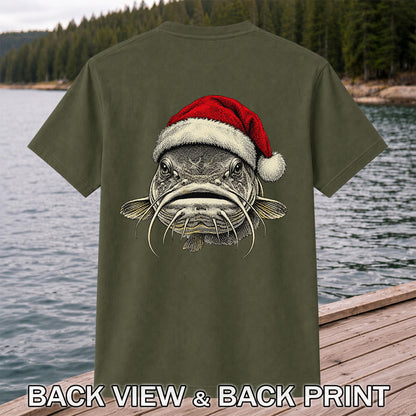 Christmas Catfish Santa Hat Holiday Fishing Graphic T-Shirt | Back Print