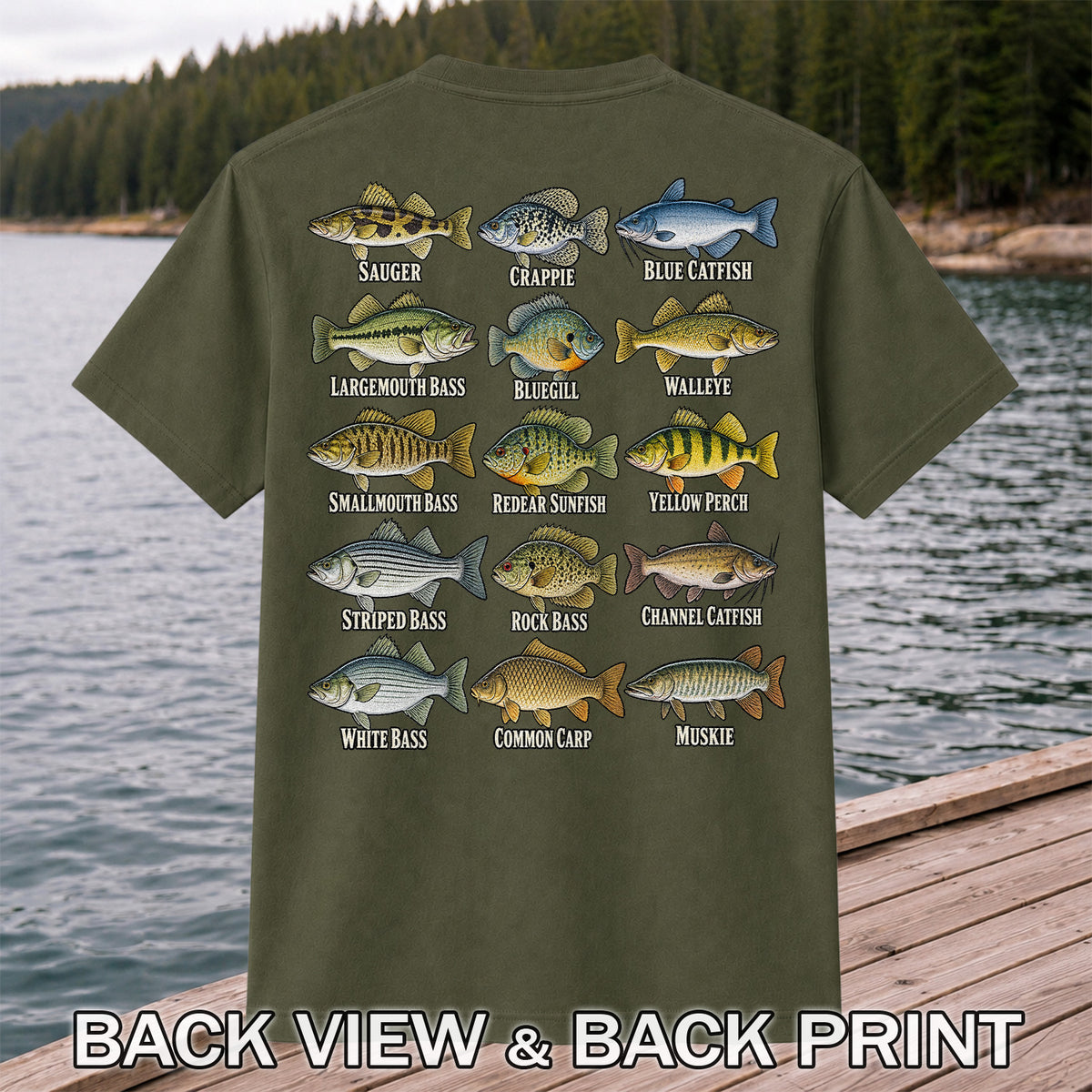 Bass Crappie and Catfish Freshwater Fish Chart Graphic T-Shirt | Back Print