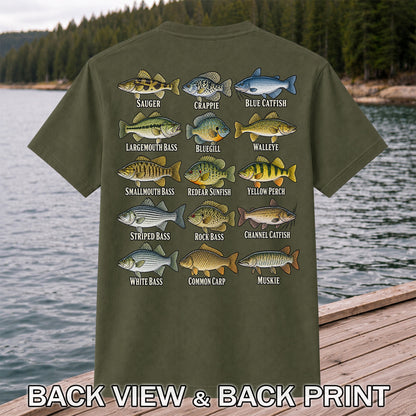 Bass Crappie and Catfish Freshwater Fish Chart Graphic T-Shirt | Back Print