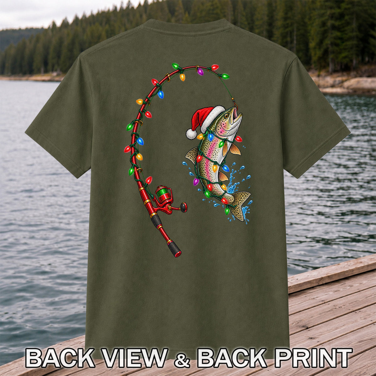 Christmas Rainbow Trout with Santa Hat and Lights Fishing T-Shirt | Back Print