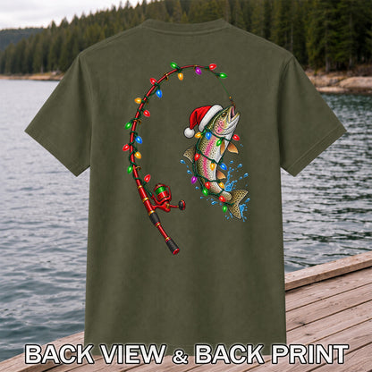 Christmas Rainbow Trout with Santa Hat and Lights Fishing T-Shirt | Back Print