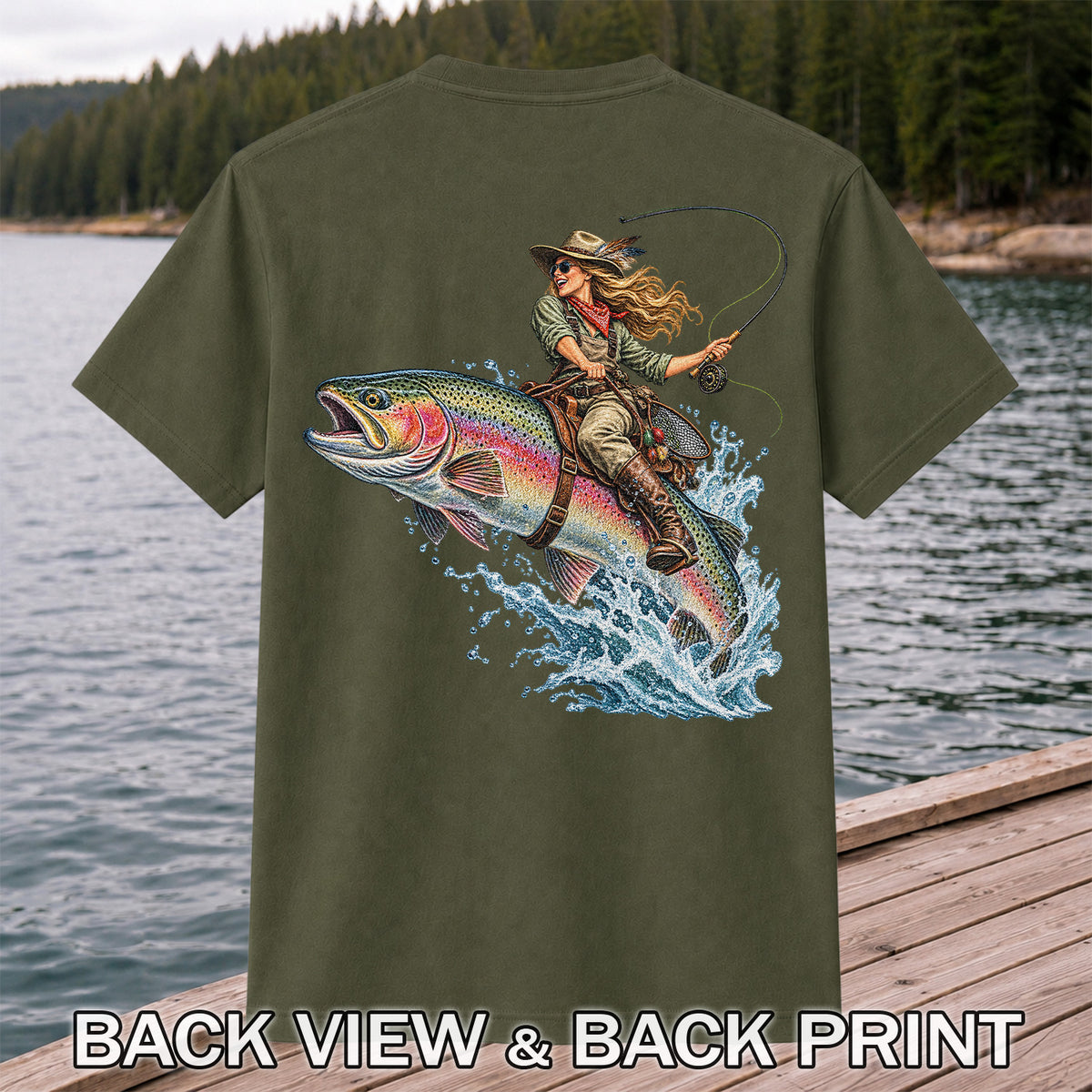 Cowgirl Riding a Rainbow Trout Fly Fishing Graphic T-Shirt | Back Print