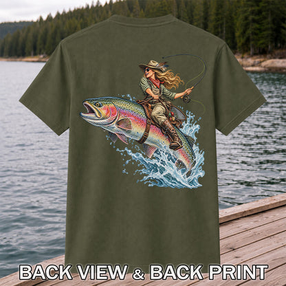 Cowgirl Riding a Rainbow Trout Fly Fishing Graphic T-Shirt | Back Print