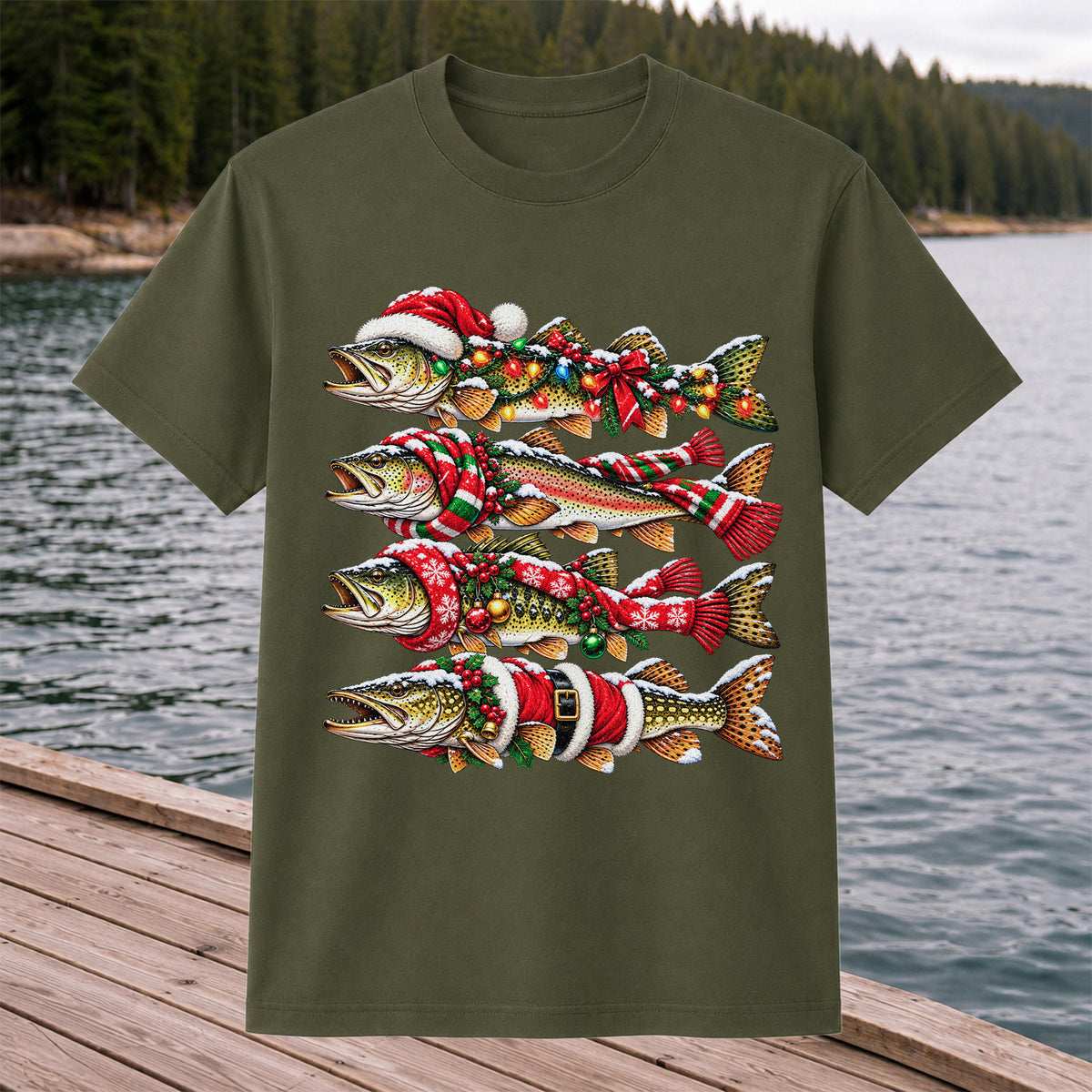 Christmas Trout Fishing Holiday Graphic T-Shirt