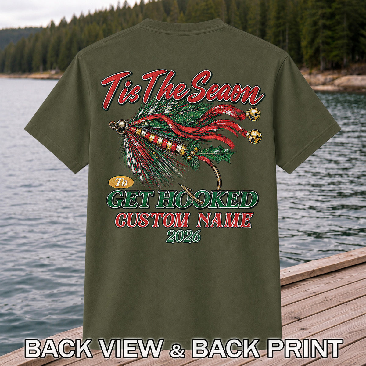 Personalized Christmas Fly Fishing Custom Name T-Shirt | Back Print