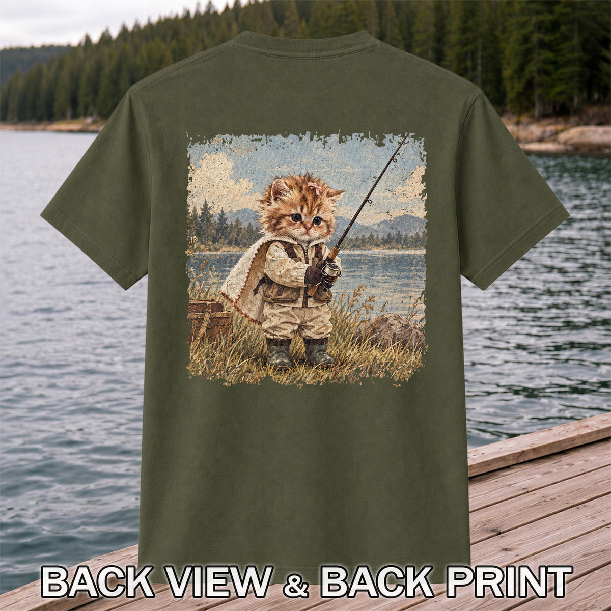 Vintage Kitten Fishing by the Lake Cute Cat Graphic T-Shirt | Back Print