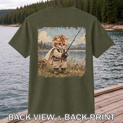 Vintage Kitten Fishing by the Lake Cute Cat Graphic T-Shirt | Back Print