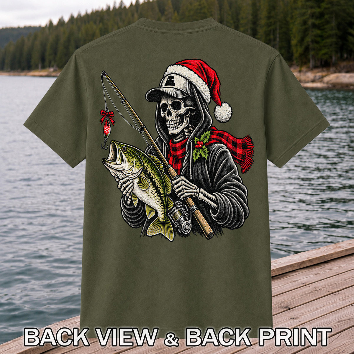 Christmas Skeleton Angler with Santa Hat and Bass Fishing T-Shirt | Back Print