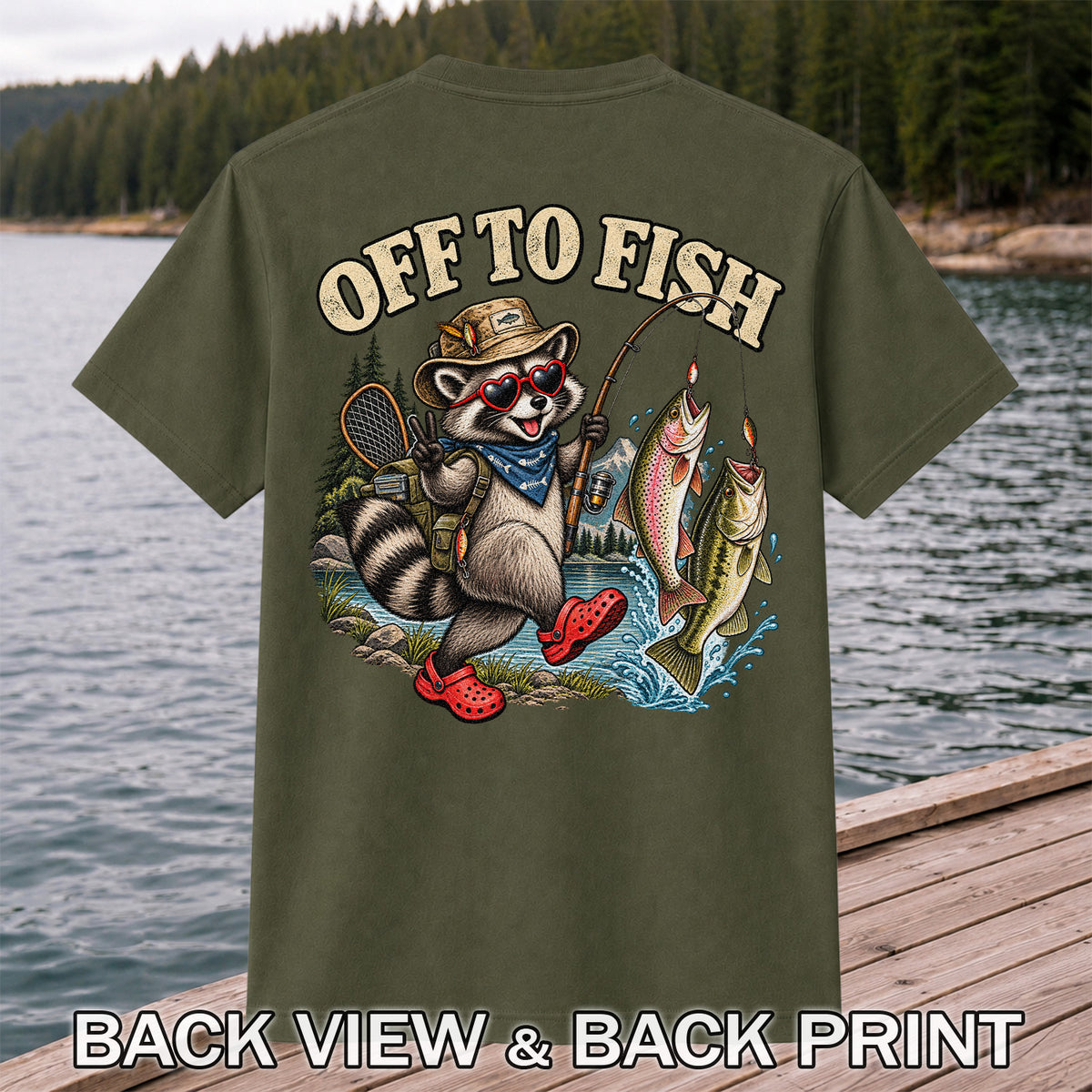 Off to Fish Raccoon with Trout and Bass Fishing T-Shirt | Back Print