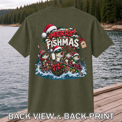 Merry Fishmas Christmas Bass in a Fishing Boat Graphic T-Shirt | Back Print