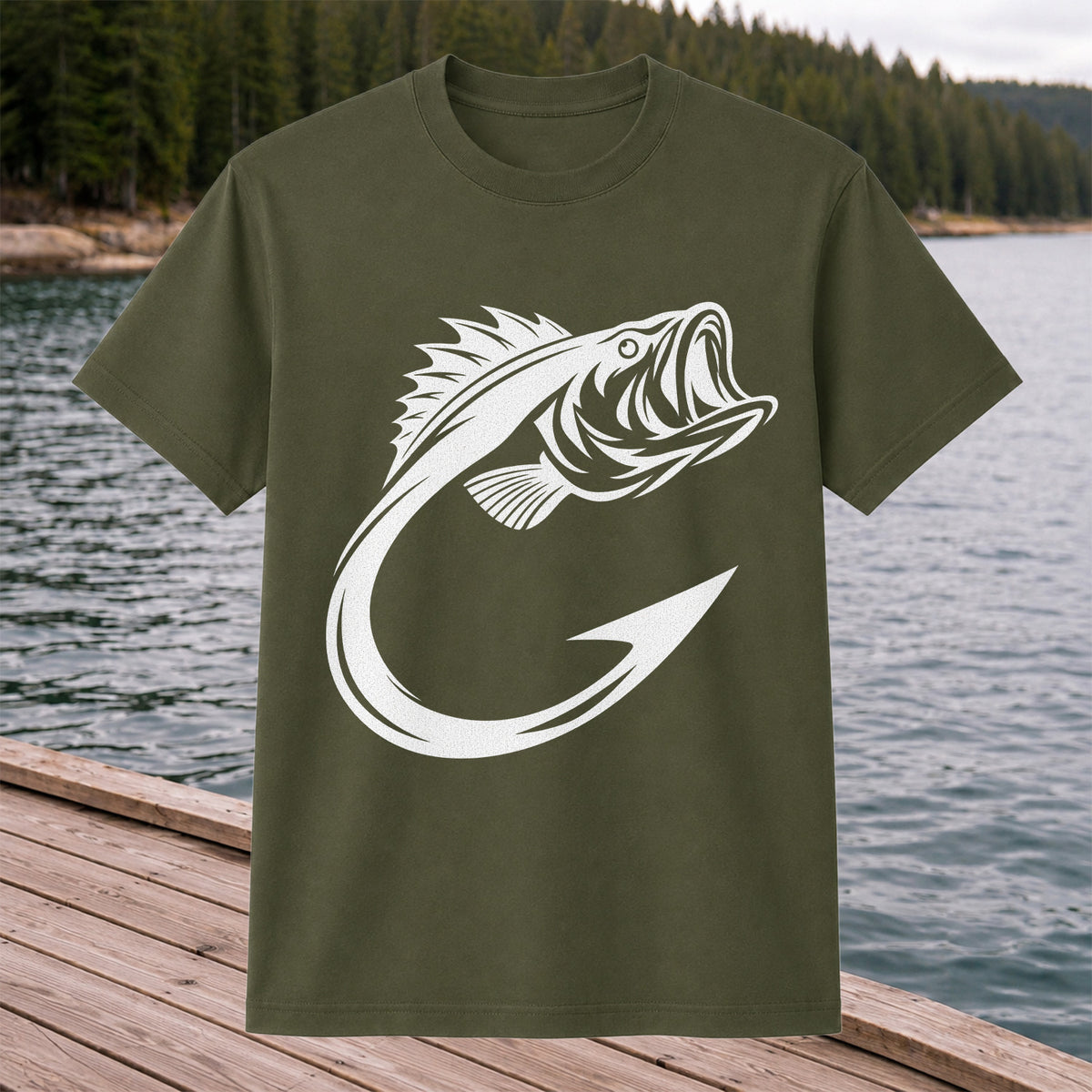 Bass Fish Hook Silhouette Fishing Graphic T-Shirt