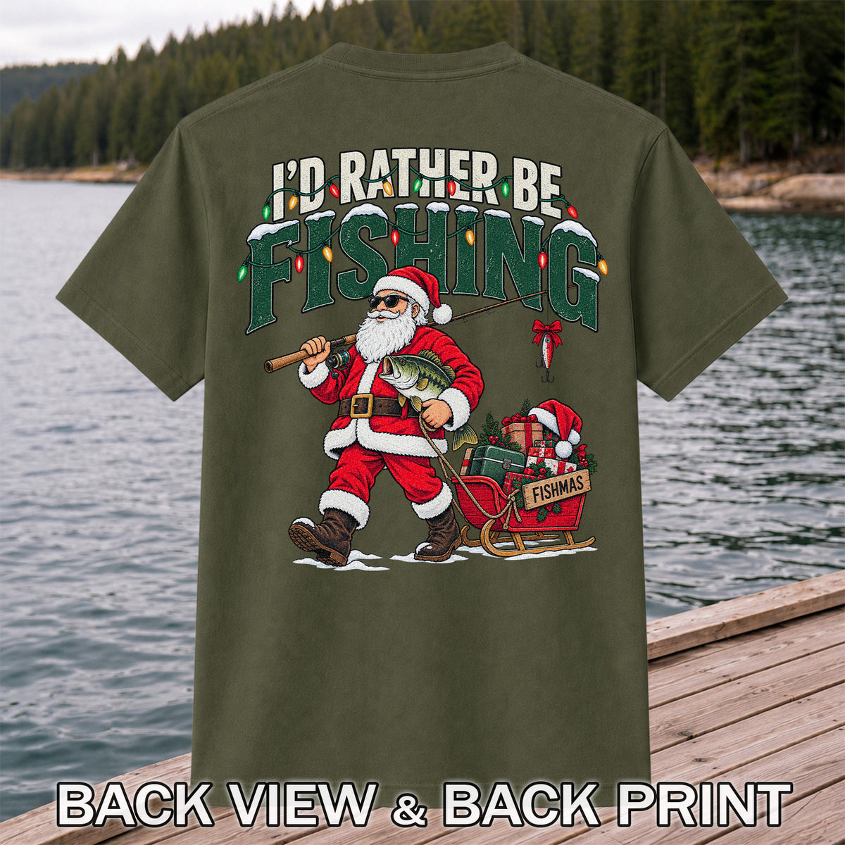 Santa Fishing with Bass Christmas Graphic T-Shirt | Back Print